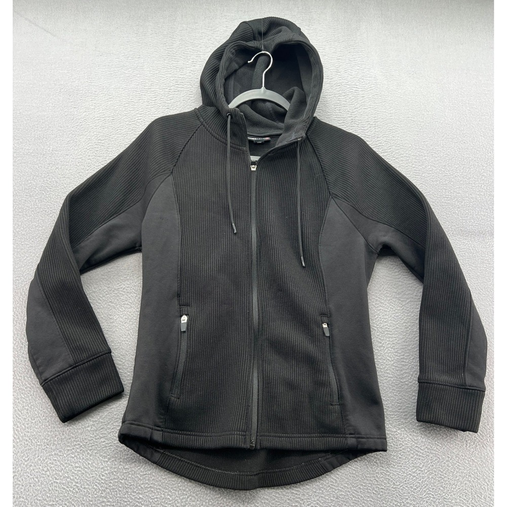SWISS TECH Black Full Zip Hoodie Jacket Sz S Ribbed Panels Pockets